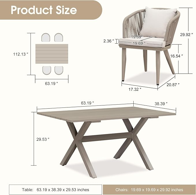 PURPLE LEAF 5 Pieces Patio Dining Set Wicker Outdoor Furniture Rectangular Table and Chairs Set for Garden Deck Aluminum Frame Backyard Kitchen Set, Cushions and Pillows Included Champagne