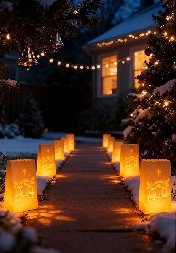 AceList 30 Set Luminaries Bag with Flameless Candles, Flickering LED Tea Lights with Paper White Luminary Bags Battery Operation for Party, Halloween, Christmas Decoration (Nativity, Bag+Candle)