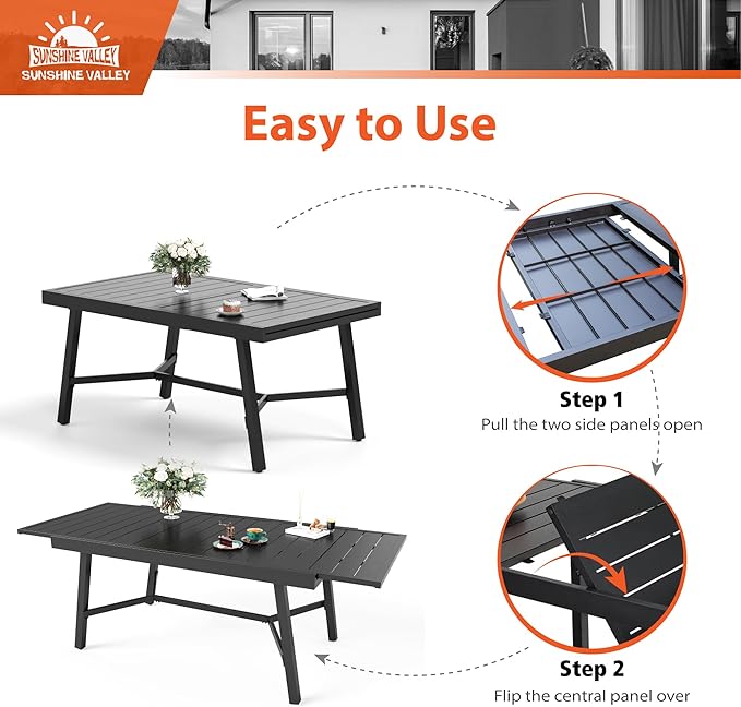 SUNSHINE VALLEY 7 Piece Outdoor Dining Set for 6, 61.4"x37.4"x29.5" Rectangular Extendable Dining Table and 6 Textilene Patio Dining Chairs Outdoor Table and Chairs for Patio Lawn Garden Deck Backyard