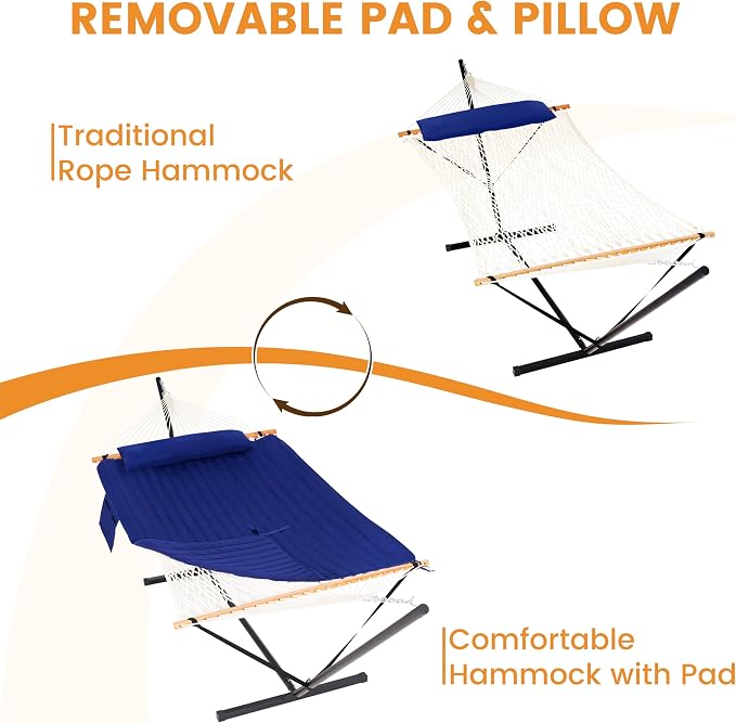 Lazy Daze Hammocks 2 Person Portable Hammock with 12FT Stand, 10.5FT Double Hand Woven Cotton Rope Hammock with Detachable Quilted Pad & Pillow for Outside, 450lb Capacity, Navy Blue
