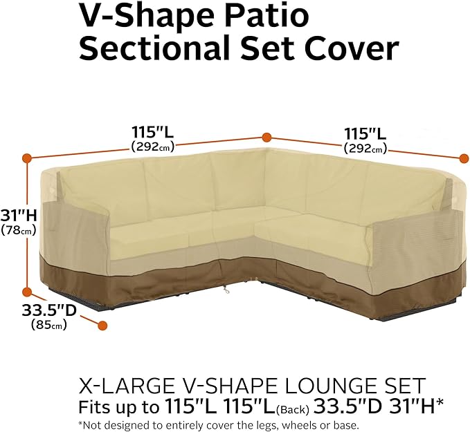 Classic Accessories 56-304-051501-EC Veranda V-Shaped Sectional Sofa Cover, 115" L X-Large, Pebble-Earth-Bark, Patio Furniture Covers