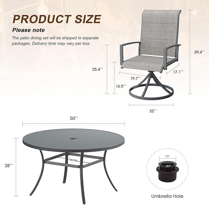 VICLLAX 7 Pieces Outdoor Dining Set, Patio Furniture Set Includes 50" Round Metal Table W/ 1.9" Umbrella Hole and 6 Padded Textilene Swivel Chairs for Porch, Lawn, Garden, Backyard