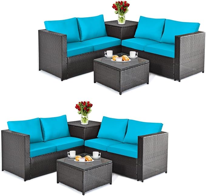 DORTALA 8 Pieces Outdoor Patio Furniture Set, Weather Resistant PE Rattan Conversation Set with Loveseats, Outdoor Sectional Sofa Set with Comfy Cushions for Garden and Poolside, Turquoise
