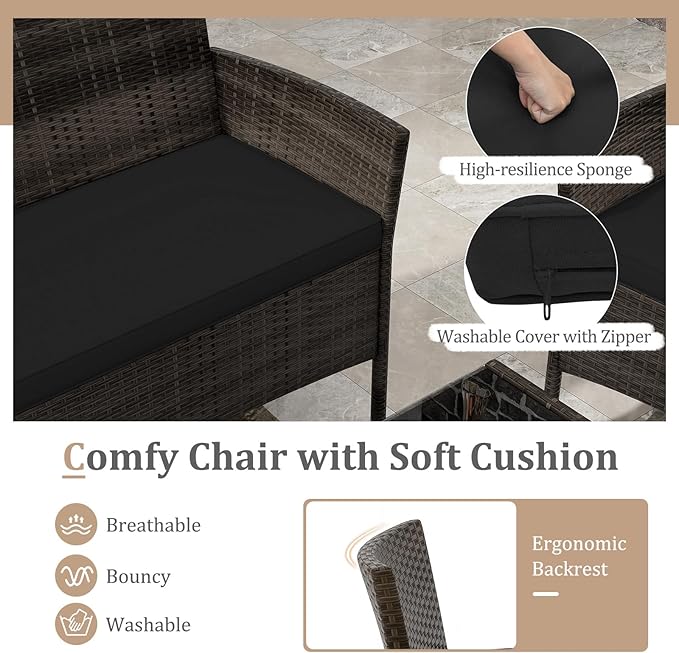 KOTEK 4 Piece Patio Furniture Set, Outdoor Rattan Conversation Set with Loveseat, Wicker Chairs, Tempered Glass Coffee Table, Wicker Patio Set for Backyard, Porch (Black)