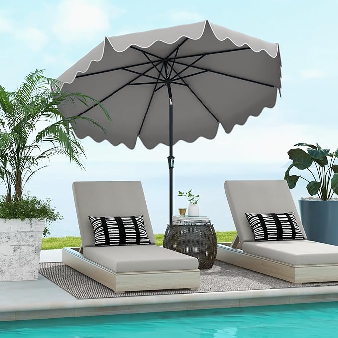 Tangkula 9Ft Patio Umbrella with Crank, 2-Tier Outdoor Umbrella with Push Button Tilt, Sun-Protective Canopy, 8 Ribs, Scalloped Patio Umbrella for Outdoor Beach Deck Pool Table (Gray)