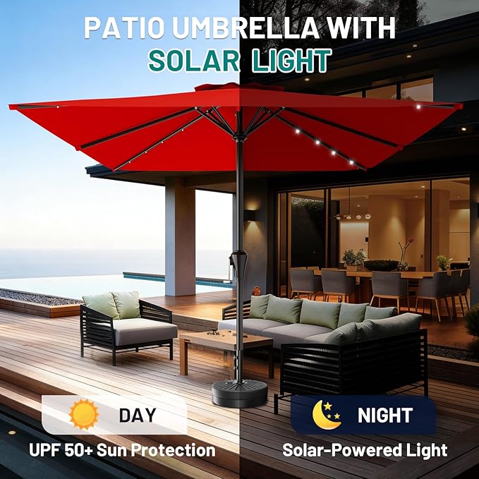 AreShark 8' X 10' Rectangular Patio Umbrella with Solar Lights, Lighted Solar Umbrella with Crank, Outdoor Table Umbrella for Garden, Deck, Backyard, Pool and Beach, Red