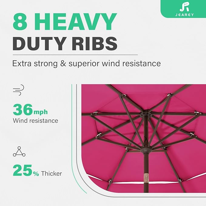 JEAREY 3 Tiers 9 FT Patio Umbrellas Outdoor Table Umbrella with Push Button Market Umbrella 8 Sturdy Ribs UV Protection Waterproof for Garden,Pink