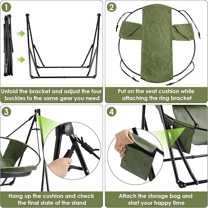 Arlopu 3 in 1 Portable Hammock with Steel Stand,Foldable PU Leather Swing Chair,6-Level Standing Hammocks Included Carrying Bag,Side Pocket,Pillow,for Outside,Indoor,Yard,Garden,Patio,Camping(Green)