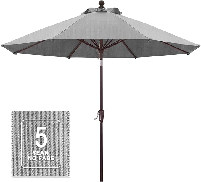 MASTERCANOPY Olefin 5-Year-Non-Fading 9ft Patio Umbrella with Tilt and Crank, Large UV Resistant Outdoor Table Umbrella with 8 Fiberglass Ribs for Deck, Yard & Market, Light Grey