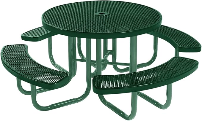 COATEDOUTDOORFURNITURE Heavy-Duty Portable Outdoor Picnic Table with Umbrella Hole, Punched Steel Commercial-Grade Patio Furniture Made in America (46" Round Top, Green with Green Frames)
