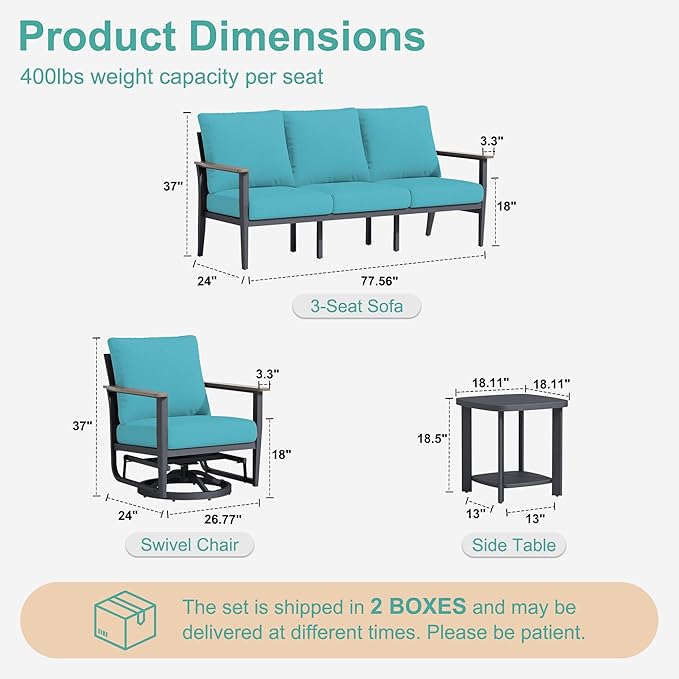 5-Seat Outdoor Patio Furniture Set Aluminum Sectional Sofa Set, Patio Conversation Set with High Backrest & Thickened Cushions for Garden, Backyard, Poolside, Turquoise