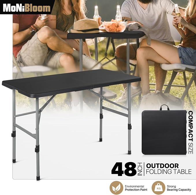 MoNiBloom 4Ft Folding Card Table, Outdoor Foldable Small Portable Plastic Dining Picnic Cookout Table w/Handle, Black
