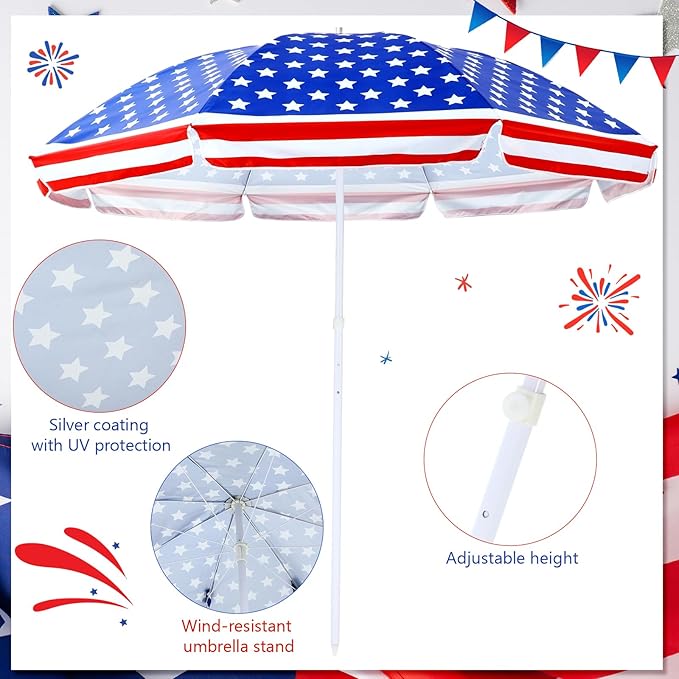 7.9ft 4th of July Patriotic Beach Umbrella Large American Flag Heavy Duty Wind Grade Red Blue White Umbrella UV 50+ for Patio Outdoor Independence Day