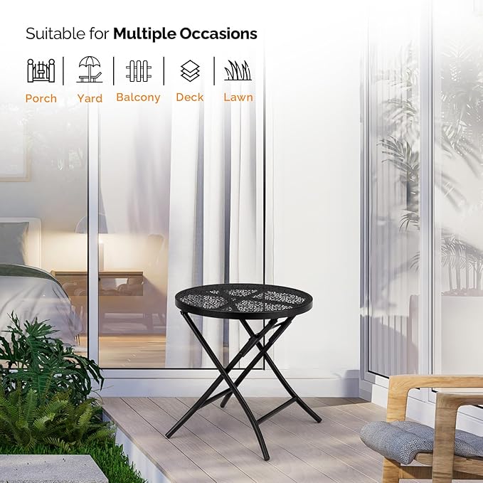 18 Inch Folding Patio Side Table, Outdoor Metal Round Coffee Table with Flower Cutout Design, Portable Steel End Table for Garden, Balcony, Yard, Black