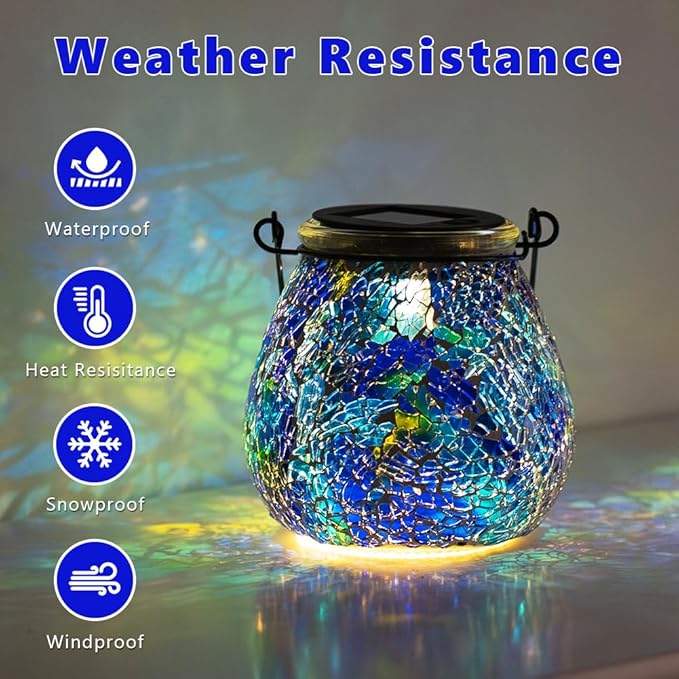 Stargarden 4 Pack Mosaic Solar Lantern ,Outdoor Hanging Waterproof Mosaic Light Solar Table Lamp for Garden ,Patio,Yard Decor (Blue )