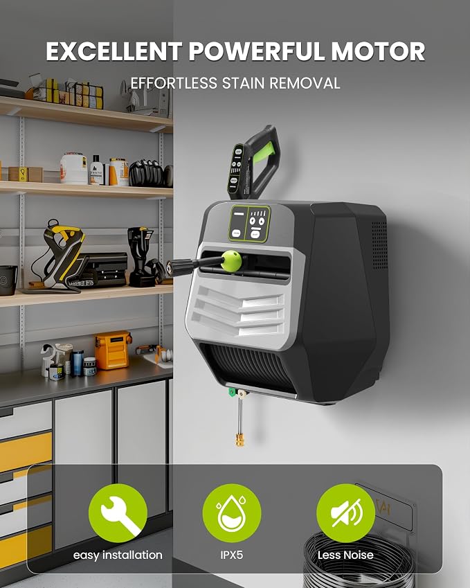 Wall Mounted 𝐌𝐀𝐗 𝟓𝟓𝟎𝟎𝐏𝐒𝐈 𝐏𝐫𝐞𝐬𝐬𝐮𝐫𝐞 𝐖𝐚𝐬𝐡𝐞𝐫,4 Nozzle Tips,5 Levers 3.6GPM Power Washer,100FT Hose,Automatic Rewind,5 Nozzles for Car Clean Machine/Car/Driveway/Patio Clean,Black