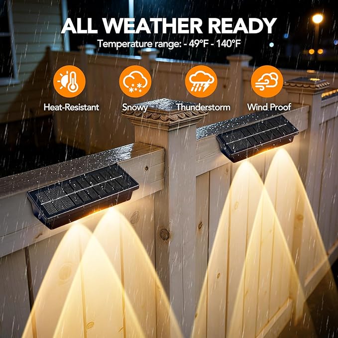 Solar Fence Lights Outdoor,8 Pack Waterproof LED Solar Powered Deck Light with Ultra Bright LED Lens,3000K/4000K/6000K Selectable,12+ Hours Steady Glow for Step,Railing,Backyard,Wall