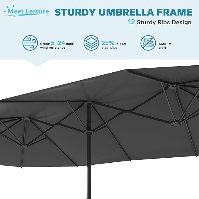 15ft Outdoor Market Umbrella with Base Included, Large Double-sided Pool Umbrella with Crank Handle, Garden, Backyard (Grey)