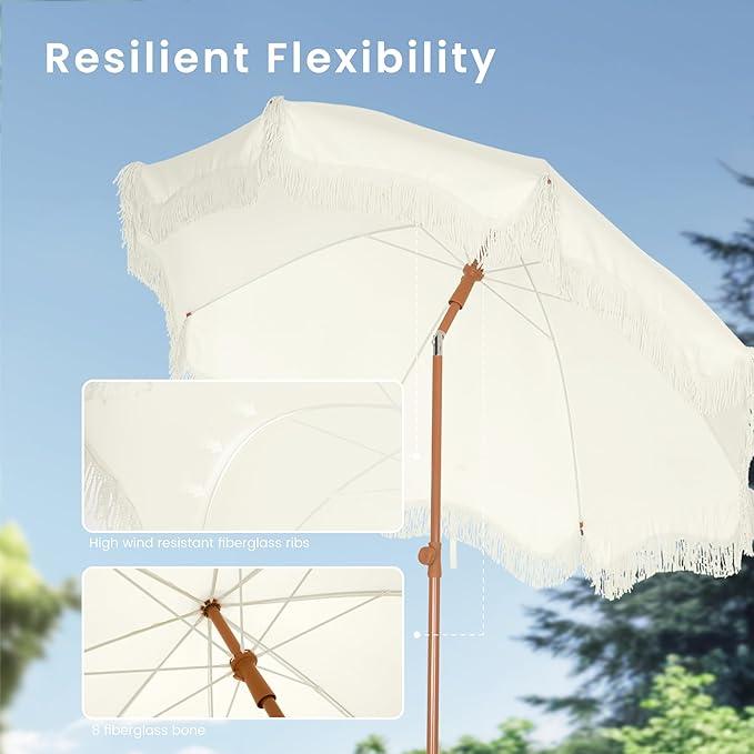 PHI VILLA 7ft Fringe Beach Umbrella White with Sand Anchor, Outdoor Patio White Portable Beach Umbrella for Sand with Tassels, Push Button Tilt & Carrying Bag, UPF 50+