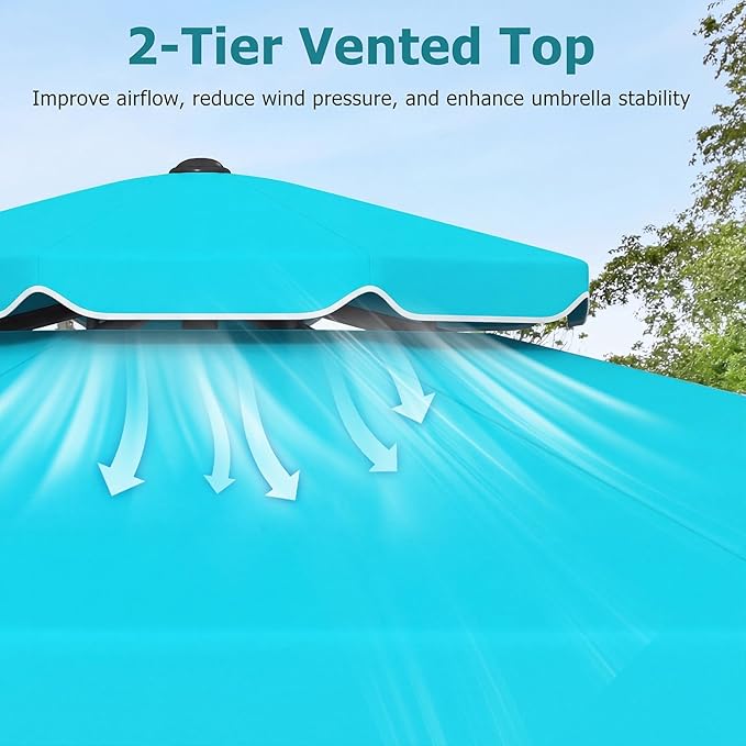 Happygrill 9 FT Patio Umbrella, Scalloped Outdoor Table Market Umbrella with Push Button Tilt & Crank, 2-Tier Vented Top, Heavy-Duty 8 Metal Ribs, Sun-Protective Canopy, Ruffle for Deck Pool Garden (Turquoise)