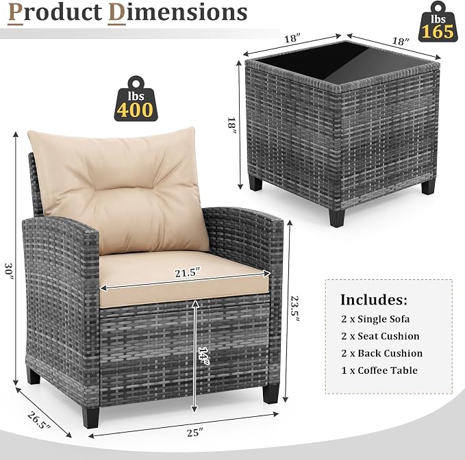 RELAX4LIFE 3 Piece Patio Furniture Set, Wicker Bistro Conversation Set w/2 Cushioned Armchairs & Glass Topped Table, Outdoor Rattan Sofa Set Patio Furniture for Porch Balcony Poolside (Grey-Beige)