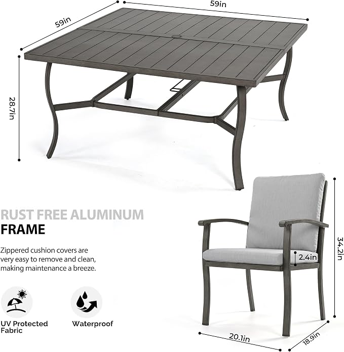 HAPPATIO 9 Piece Patio Dining Set, Aluminum Outdoor Dining Set for 8, 59" Large Square Dining Table with Umbrella Hole and 8 Chairs, Outdoor Table and Chairs for Lawn Yard Patio