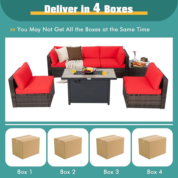 Tangkula 7 Piece Patio Furniture Set with Fire Pit Table, Includes 42 Inches 60,000 BTU Propane Rectangle Fire Pit Table and Protective Cover, Outdoor Cushioned Sectional Sofa Set for 5 (Red)