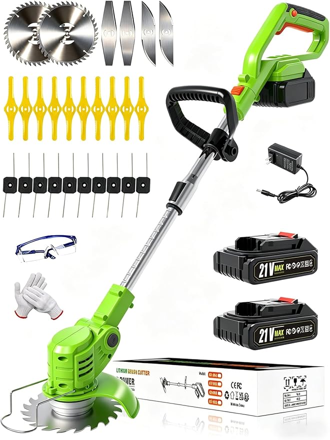 Electric Weed Wacker Battery Powered,20V Lightweight Cordless Weed Trimmer Eater with 2 Battery and Charger,3 in 1 Grass Trimmer/Brush Cutter/Lawn Edger with 26 Blade for Yard,Garden