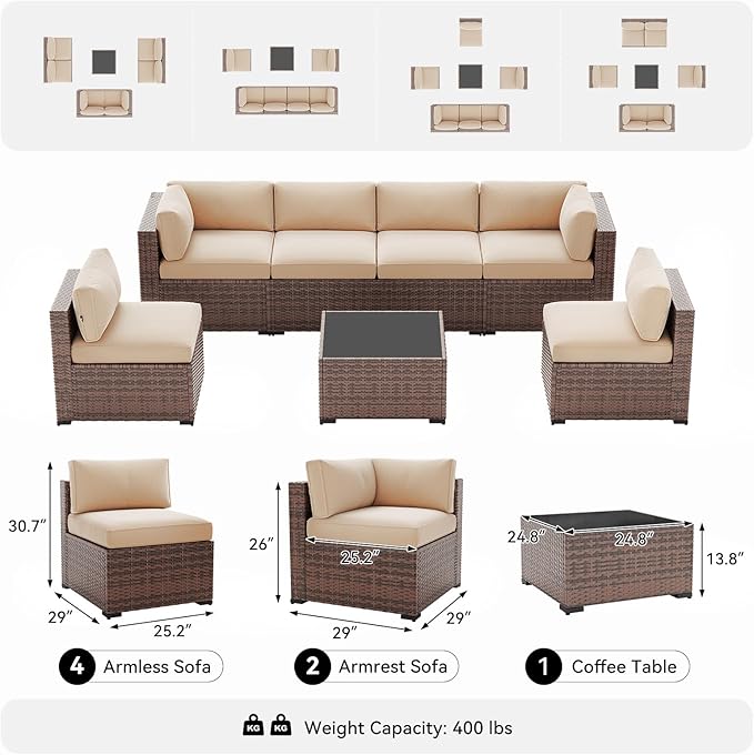 LazySunsets 7-Piece Patio Furniture Set, Wicker Rattan Outdoor Furniture with Thick Cushions, Patio Conversation Sets with Coffee Table, Outdoor Sectional Couch Sofa with Waterproof Cover, Beige