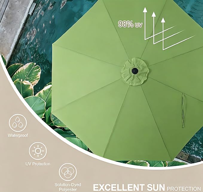Tempera 9FT Scalloped Tassel Patio Umbrella, Outdoor Market Umbrellas with 8 Sturdy Ribs with Crank & Pust Button Tilt,Fade Resistant Canopy