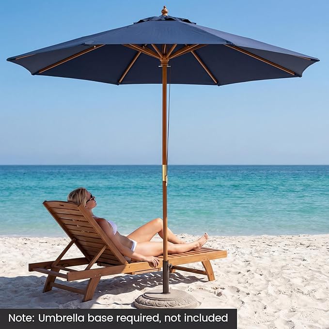 HAPPYGRILL 9 FT Patio Umbrella, Outdoor Table Market Umbrella with 8 Sturdy Bamboo Ribs, Wood Pole, Sun-Protective Double-Tier Canopy, Air Vent, Sunshade Parasol for Garden Deck Backyard Pool (Navy)