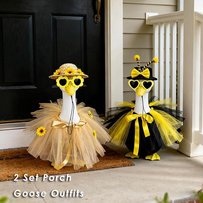 Funny 2Sets Spring Bee&Sunflower Porch Goose Outfits Dresses Clothes for 17"/23" High Cement or Plastic Porch Goose Clothes with Sunglasses for Yard Lawn Outdoor Garden Patio Statue Holiday Decor.