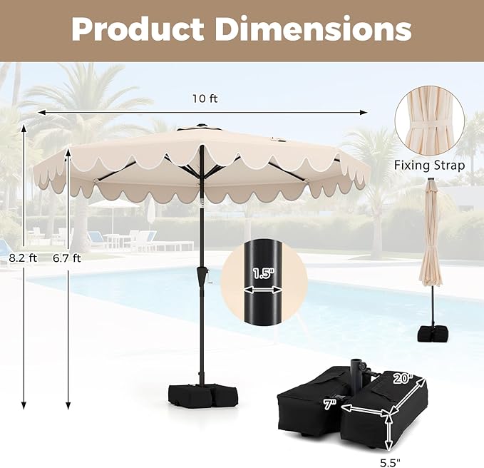 Tangkula 10 FT Patio Umbrella with Base Included, 2-Tiers Outdoor Scalloped Table Umbrella with 2 Sandbags, Tilt Adjustment, Crank, 8 Ribs for Market Backyard Pool Deck Beach Lawn