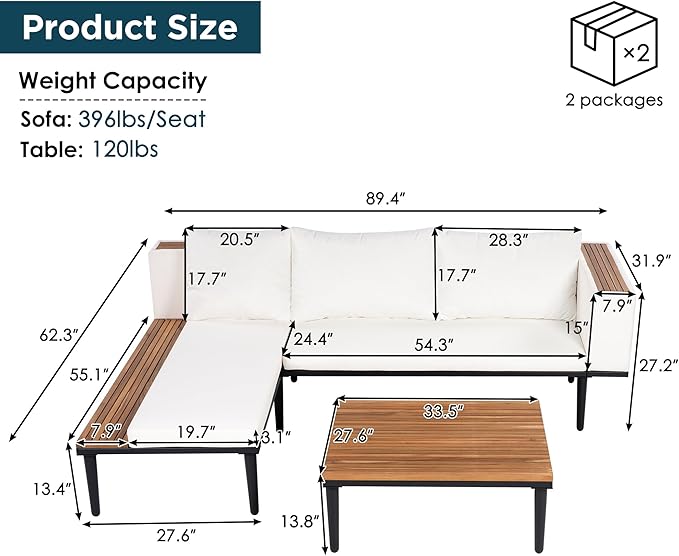 Luxury Outdoor Patio Furniture Set, L-Shaped Acacia Wood Sectional Sofa with Side Table, All-Weather Conversation Set with Removable Cushions and Coffee Table for Backyard Porch (Beige-4.20)