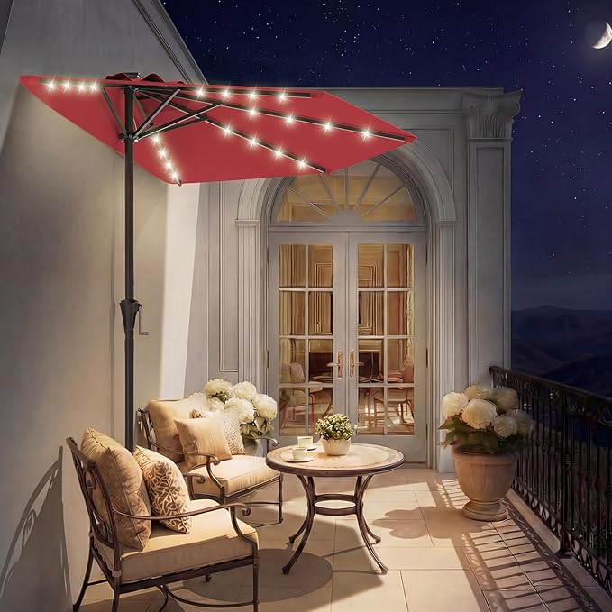HOMSHADE 9FT Half Patio Umbrella with Solar LED Lights for Outdoor, Waterproof Half Umbrella for Small Spaces, Balcony, Deck(Red)