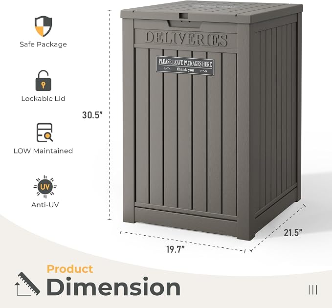 Package Delivery Box for Outside With Sign, Lockable Outdoor Storage Box Waterproof Deck Box, Large Double Wall Resin Parcel Drop Boxes, 48 Gallon, Gray