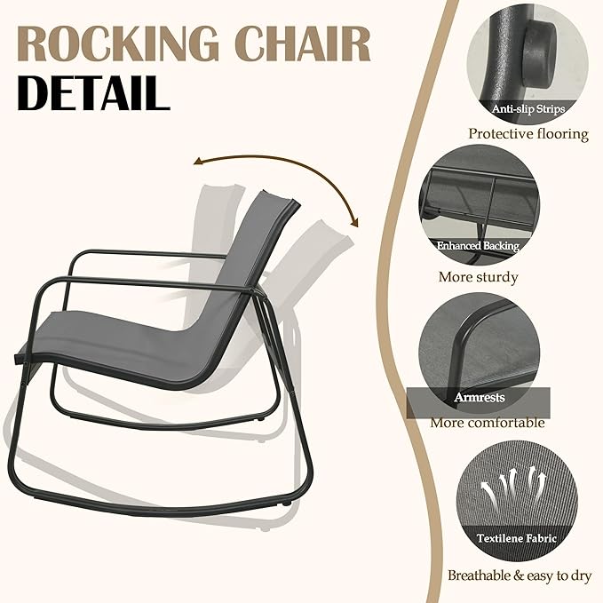 GEONKAI 4 Piece Patio Furniture Set, Olefin Loveseat Outdoor Furniture with 2 Rocking Chairs, Patio Conversation Set with Coffee Table, Breathable & Comfortable for Garden, Poolside, Balcony (Grey)