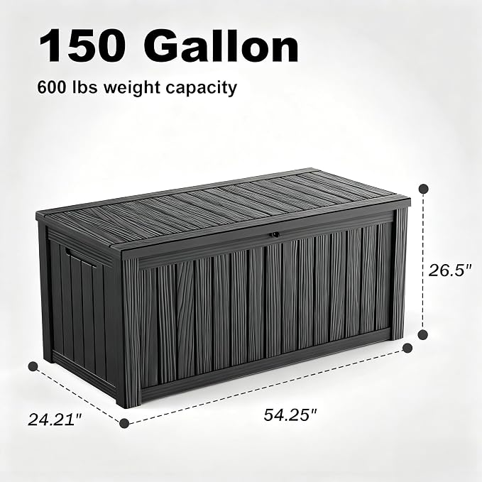 150 Gallon Waterproof Outdoor Storage Box, UV Resistant Resin Deck Box with Hydraulic Rod for Reinforced Stability, Perfect for Patio, Garden, and Pool, Striped Black