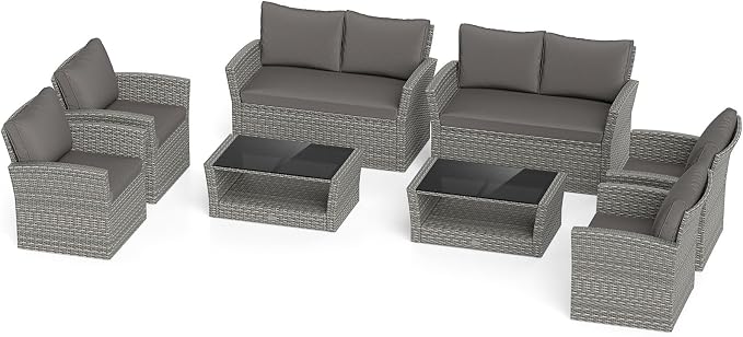 Tangkula 8 Pieces Patio Furniture Set, Outdoor PE Wicker Sectional Conversation Bistro Set with 2 Rattan Chairs, Loveseat, 2-Tier Tempered Glass Coffee Table and Cushions for Balcony, Garden