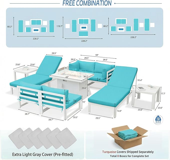 NICESOUL 9 Pcs Large Modern Aluminum Outdoor Sofa with Lounge & Fire Pit Table, 29" Deep Wide Seat, 500 lbs Durable Sectional Set for Heavy People, All-Weather Patio Furniture Set for Deck, Turquoise