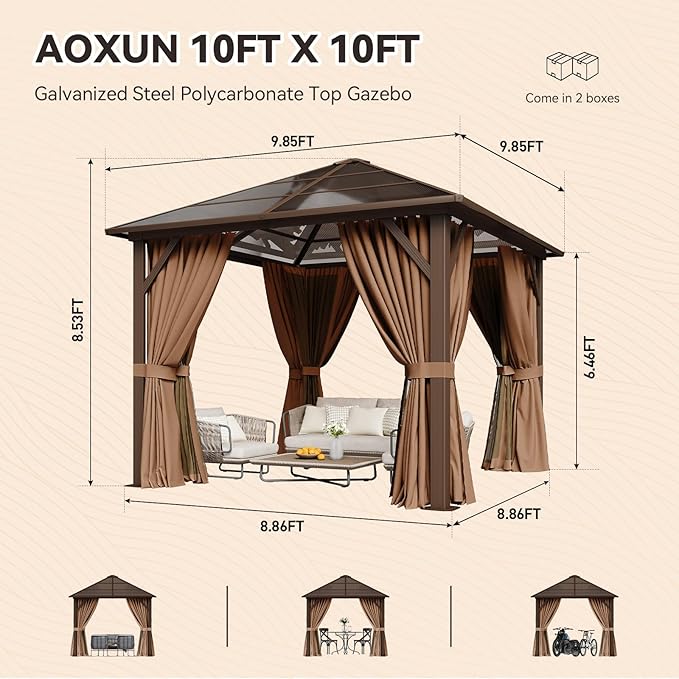 Aoxun 10'x10' Hardtop Gazebo, Outdoor Metal Gazebo with Polycarbonate Roof Canopy, Permanent Pavilion with Netting and Curtains for Lawn, Garden, Patio (Khaki, Single Roof)