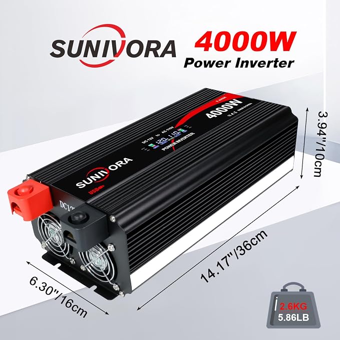 4000 Watt Power Inverter 12V to 110V/120V DC to AC Converter 8000W Peak, with Remote Control & LCD, 3 AC Outlets & 1 USB Ports Power Inverters for Vehicles Car Truck Boat RV Camping Solar System EPS