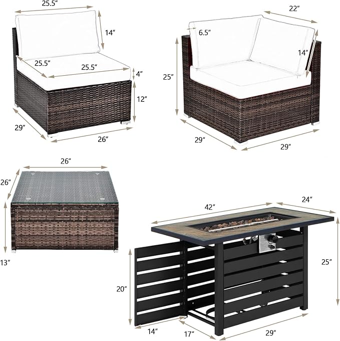 Tangkula 6-Piece Patio Furniture Set with 42 Inches Propane Fire Pit Table, Outdoor Wicker Conversation Set with Cushions and Tempered Glass Coffee Table, 50,000 BTU Gas Fire Pit Table (Off White)