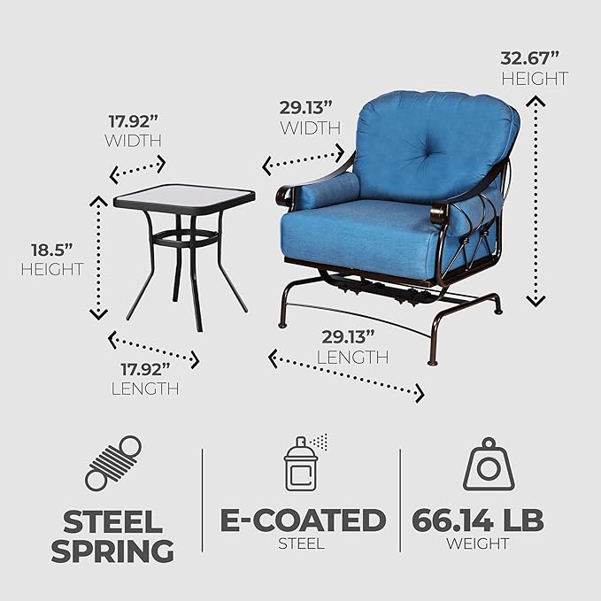 Four Seasons Courtyard Uptown 3 Piece Outdoor Bistro Patio Furniture Set with 2 Cushioned Metal Garden Chairs and Square Table for Front Porch Seating