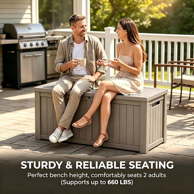 150 Gallon Resin Outdoor Storage Box for Garden Tools, Pool Supplies & Patio Cushions – Waterproof & UV-Resistant, Durable Material – Lockable (Brown)