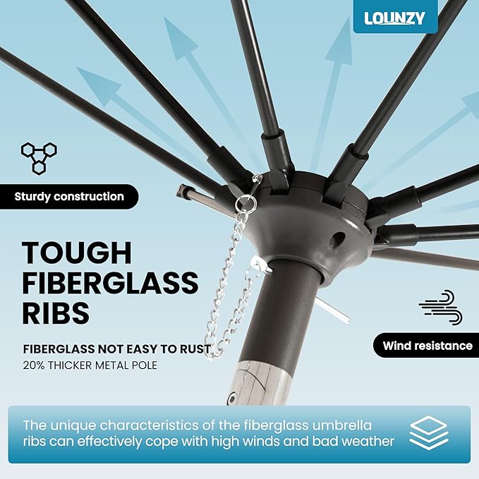 LOUNZY 9FT Large Outdoor Patio Umbrella Table Umbrella-UV Resistant,Easy Push Button Tilt and Crank,8 Sturdy Fiberglass Ribs Pool Umbrella for Patio,Backyard,Deck,Yard,Market