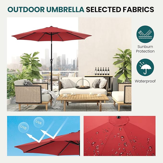 OLIXIS 9FT Patio Umbrella with Tilt and Crank Button & Sturdy Ribs Waterproof, 9Feet Patio Table Umbrella Perfect for Poolside, Terrace, Beach and Outdoor Restaurant