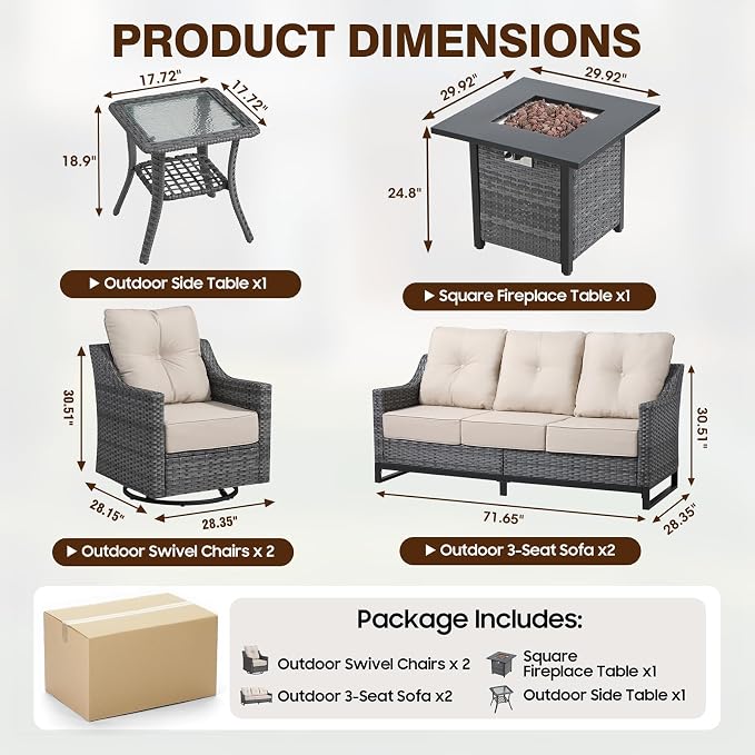 6 Piece Patio Furniture Set With Fire Pit ,360°Swivel Patio Chairs Set of 2,Outdoor 2 Sofas,Side Table,Cozy 60,000 BTU Square Fire Pit Table, All-Weather Wicker Patio Set With 6 Inch Thick Cushions