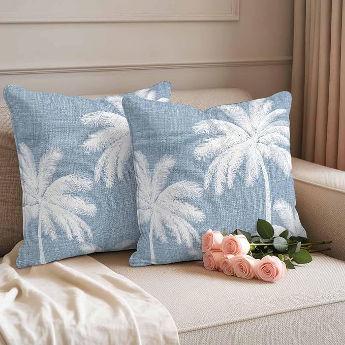Outdoor Pillow Covers 24x24 Inch Set of 2, Light Blue Palm Trees Waterproof Throw Pillow Covers, Farmhouse Tropical Summer Beach Decorative Cushion Pillowcases for Couch, Sofa, Bed, Garden, Patio
