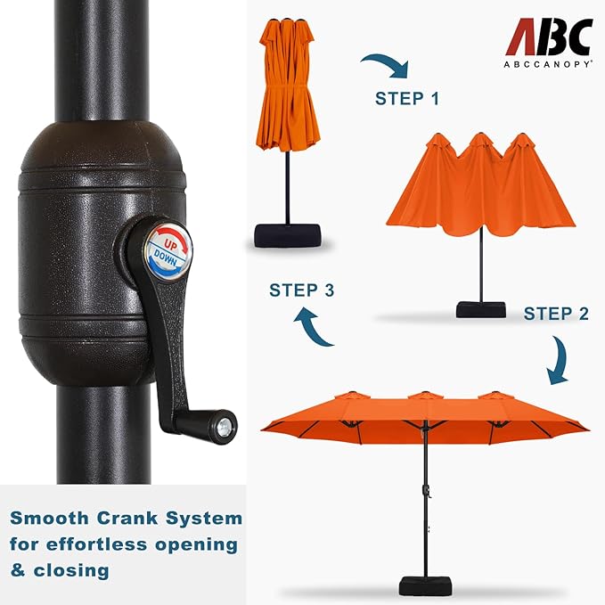 ABCCANOPY 15FT Patio Umbrella with Base, Outdoor Double-Sided Rectangle Umbrella Bonus Latch, Wights for Poolside, Lawn, Backyard (Orange)